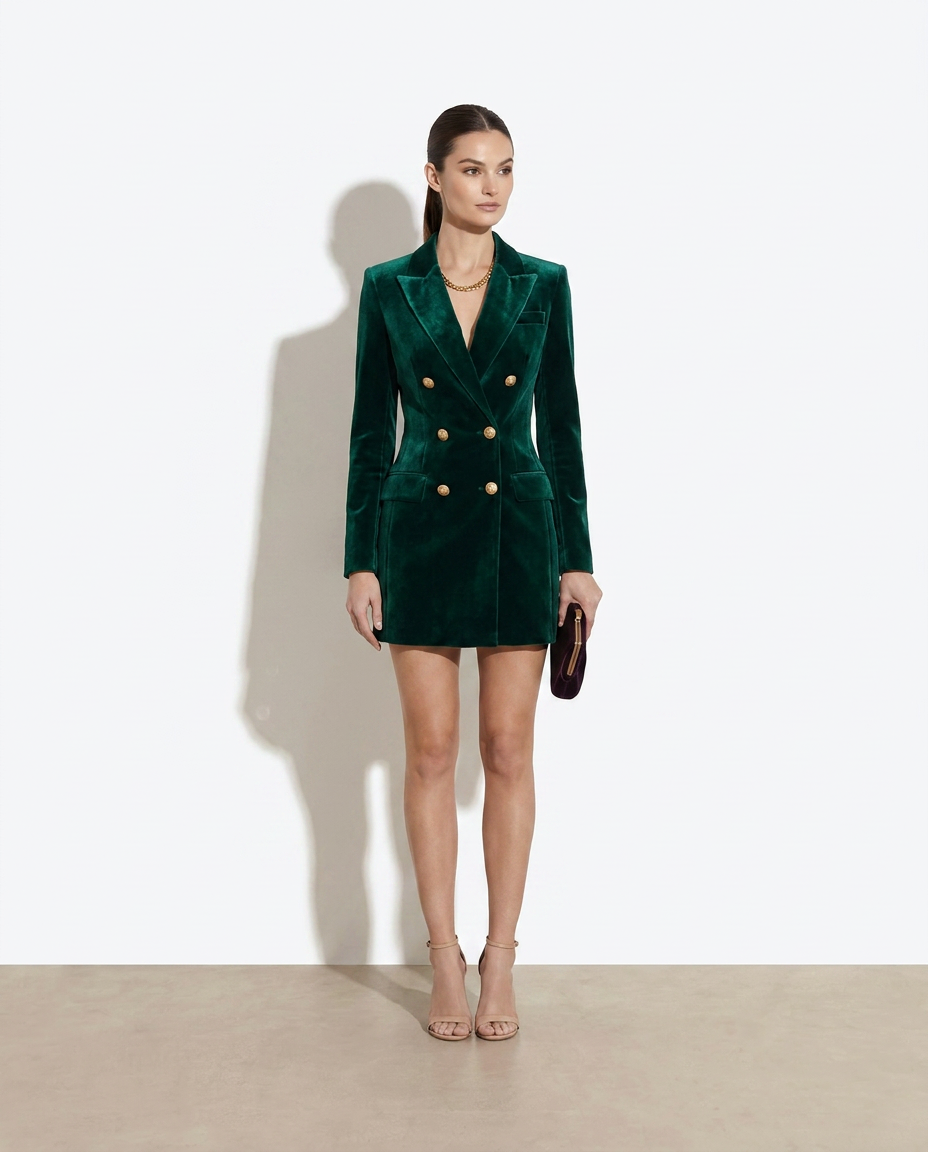 Clodagh Velvet Double-Breasted Blazer Dress — studio model shot