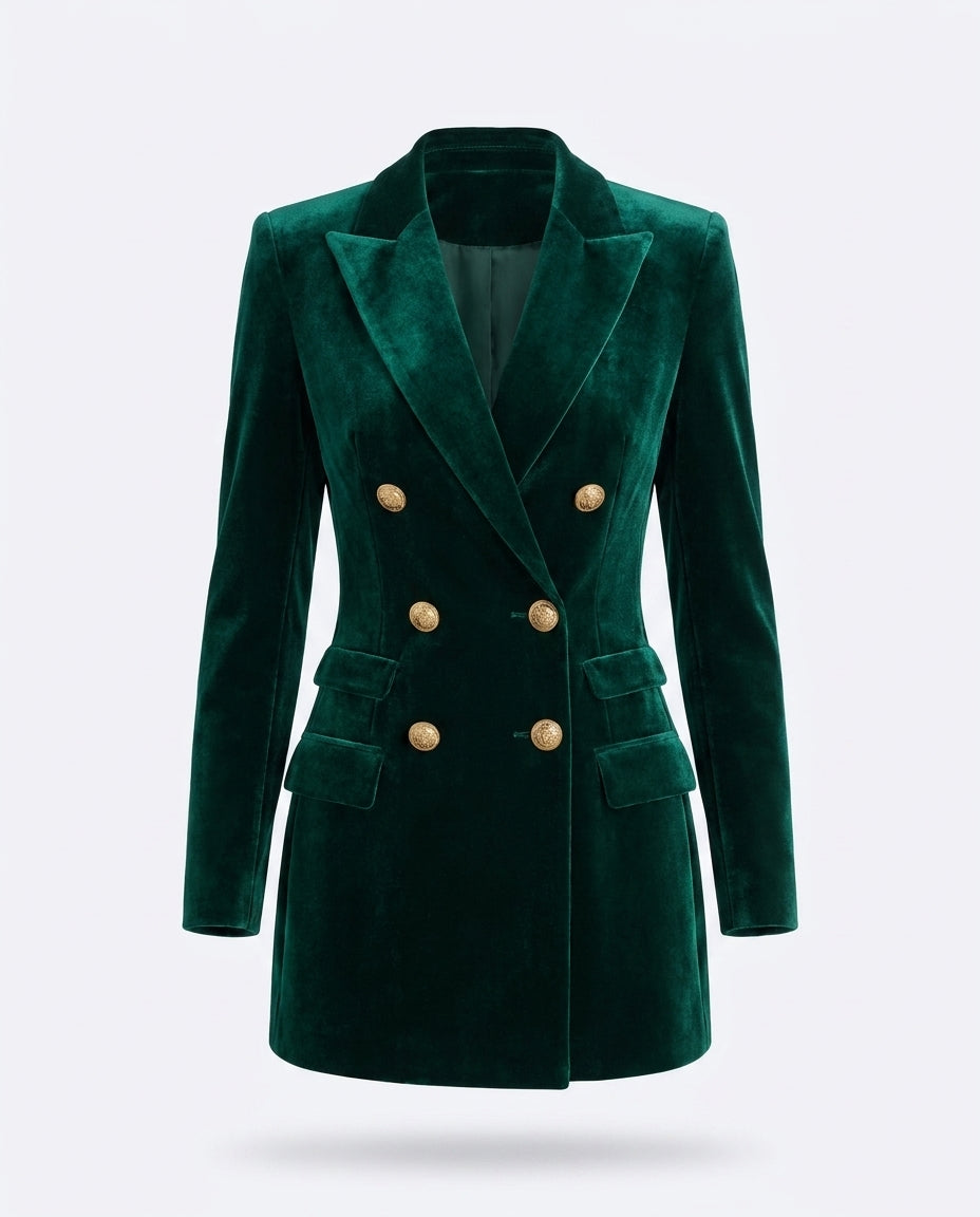 Clodagh Velvet Double-Breasted Blazer Dress — 3D ghost mannequin product shot