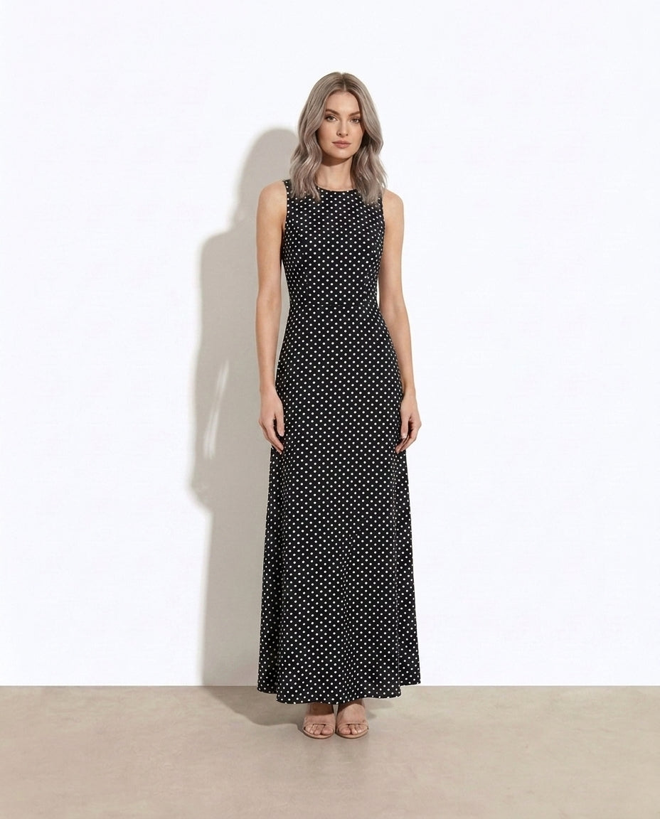 Colombe Sleeveless Polka-Dot Maxi Dress — studio model shot