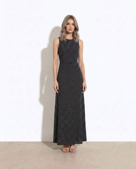 Colombe Sleeveless Polka-Dot Maxi Dress — studio model shot