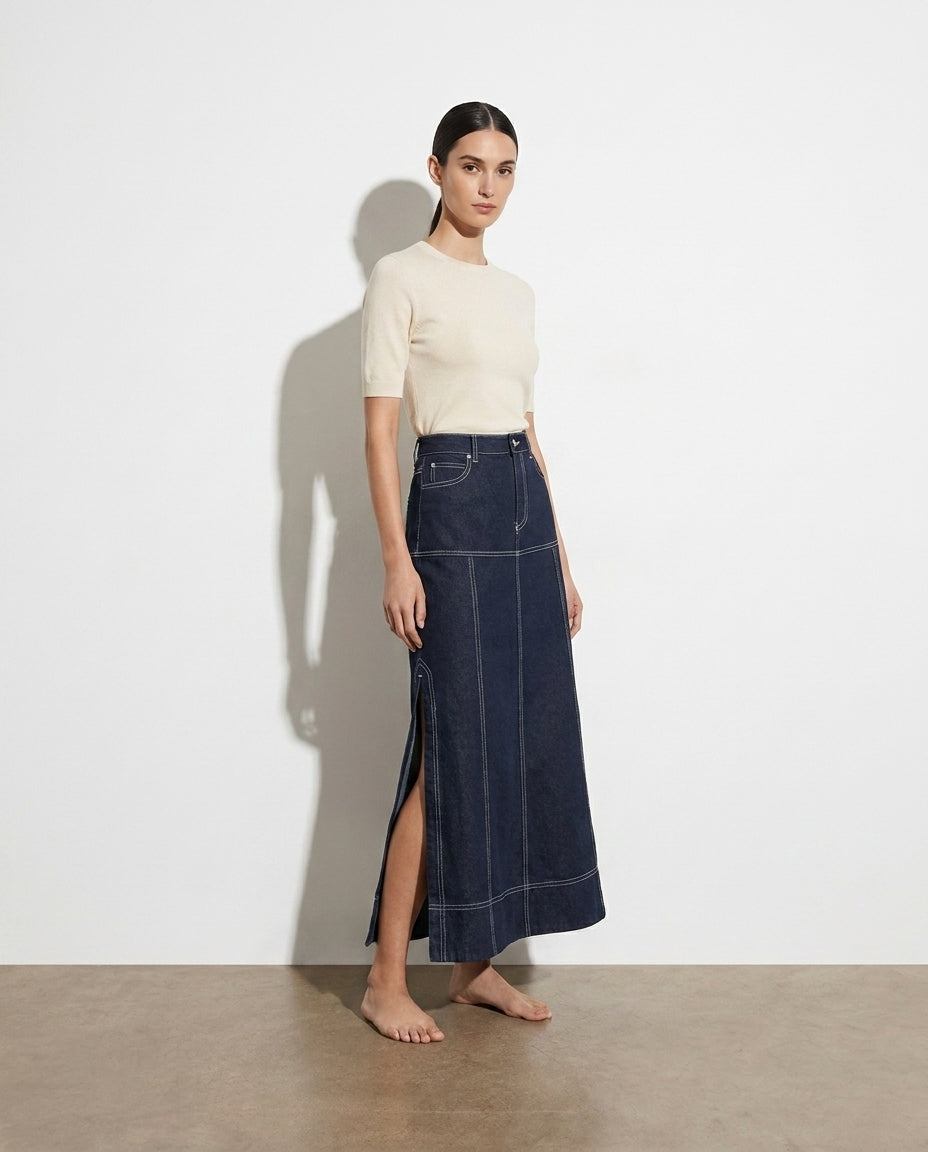 Cliodhna Denim Maxi Skirt — studio model shot