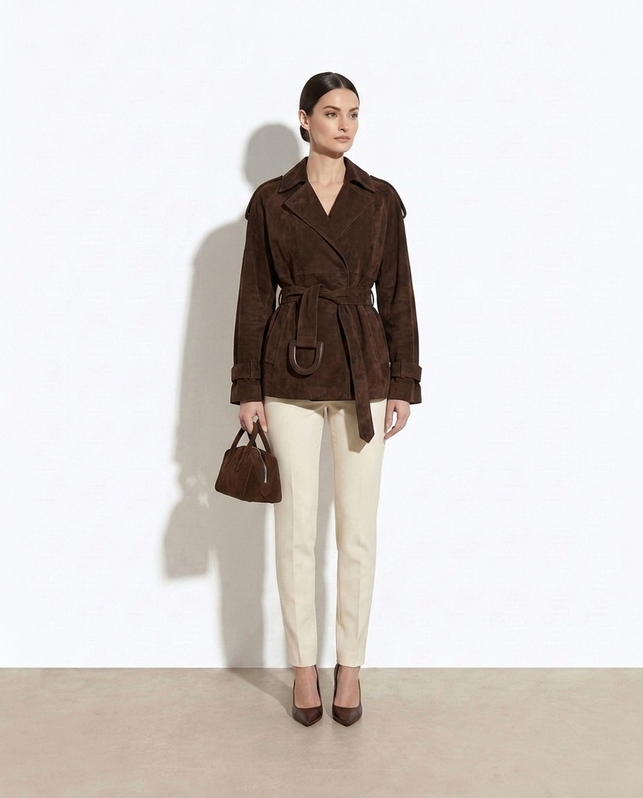 Constance Lapel Collar Tie-Waist Coat — studio model shot