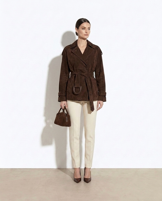 Constance Lapel Collar Tie-Waist Coat — studio model shot