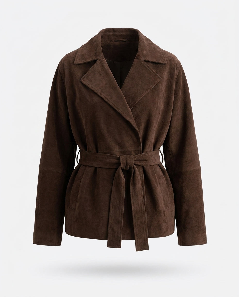 Constance Lapel Collar Tie-Waist Coat — 3D ghost mannequin product shot