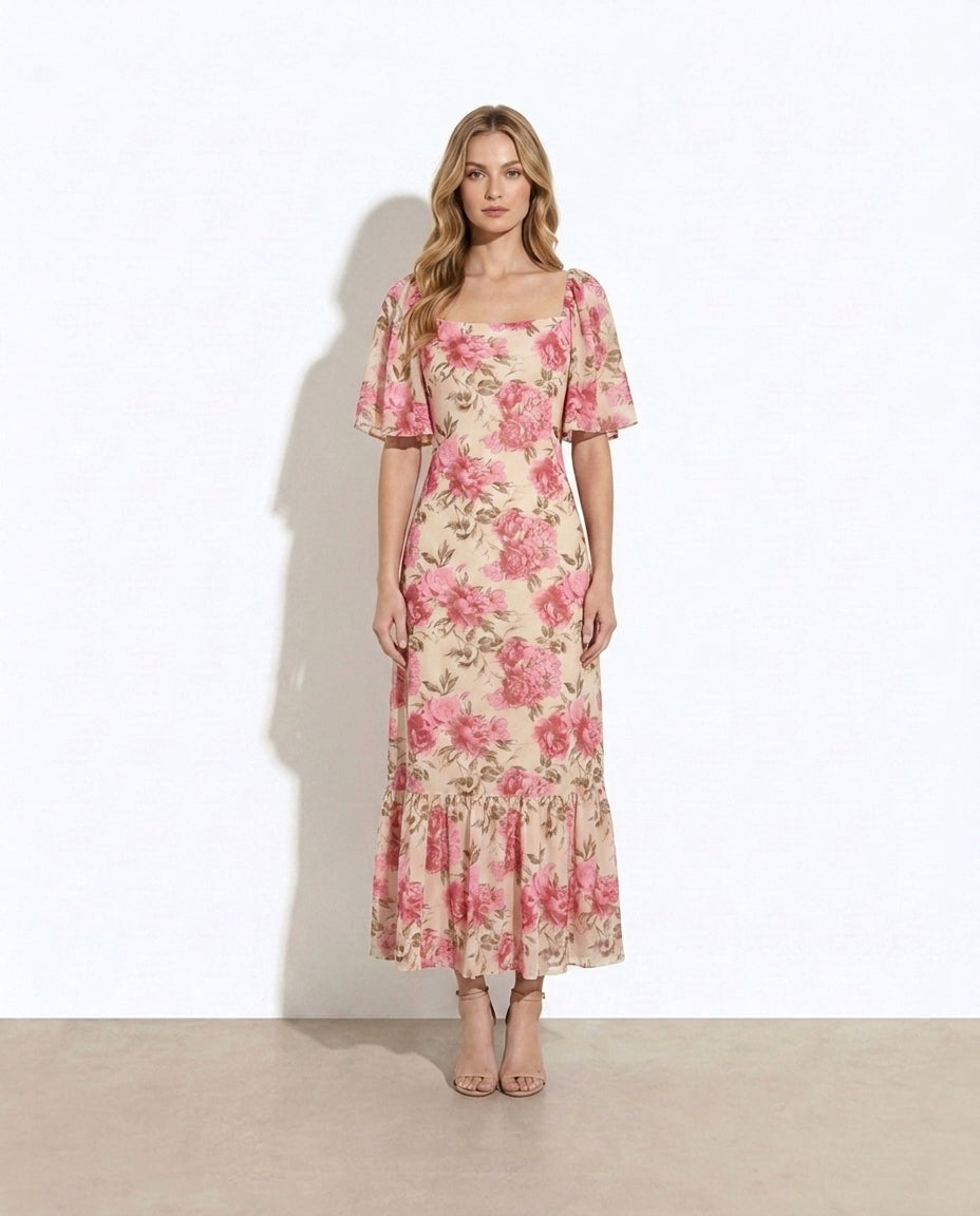 Coraline Floral Flutter-Sleeve Ruffle Dress — studio model shot