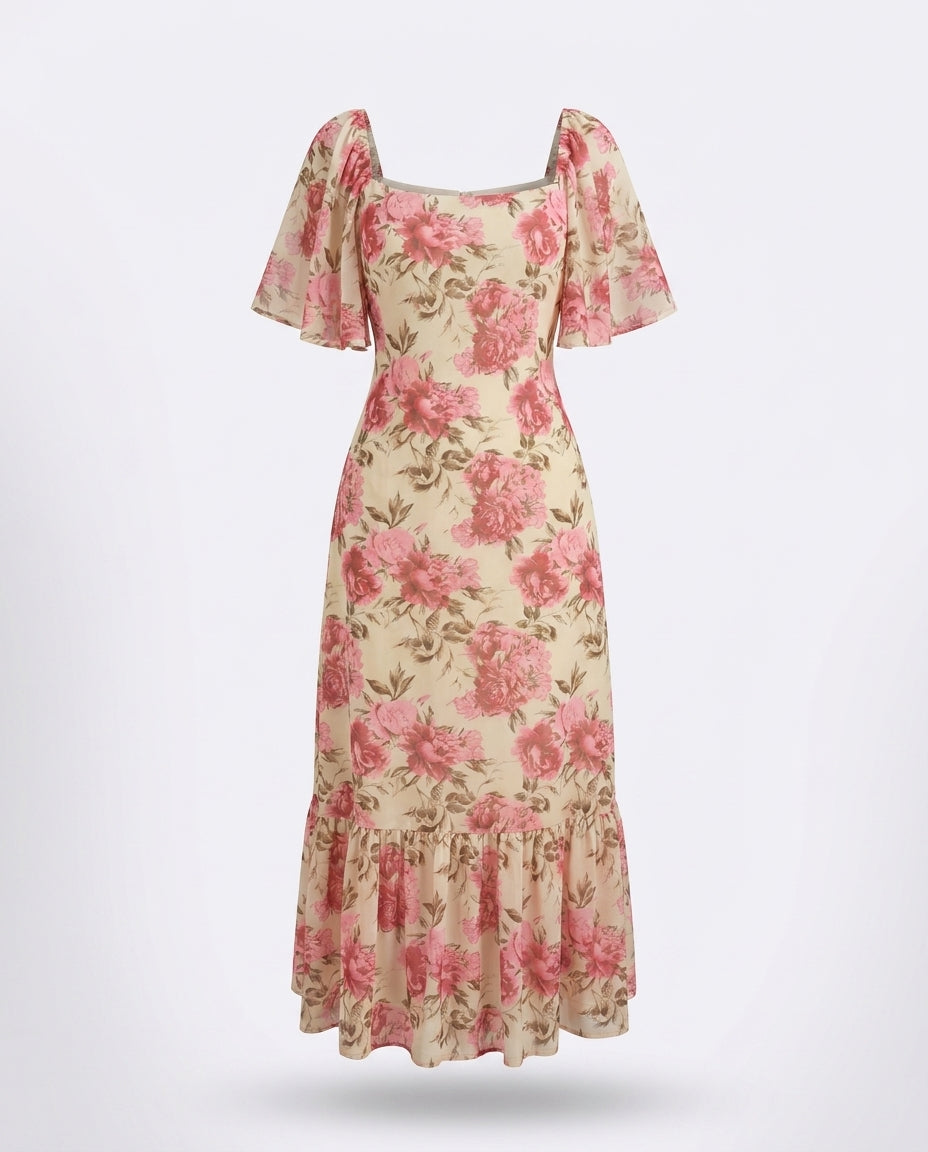 Coraline Floral Flutter-Sleeve Ruffle Dress — 3D ghost mannequin product shot
