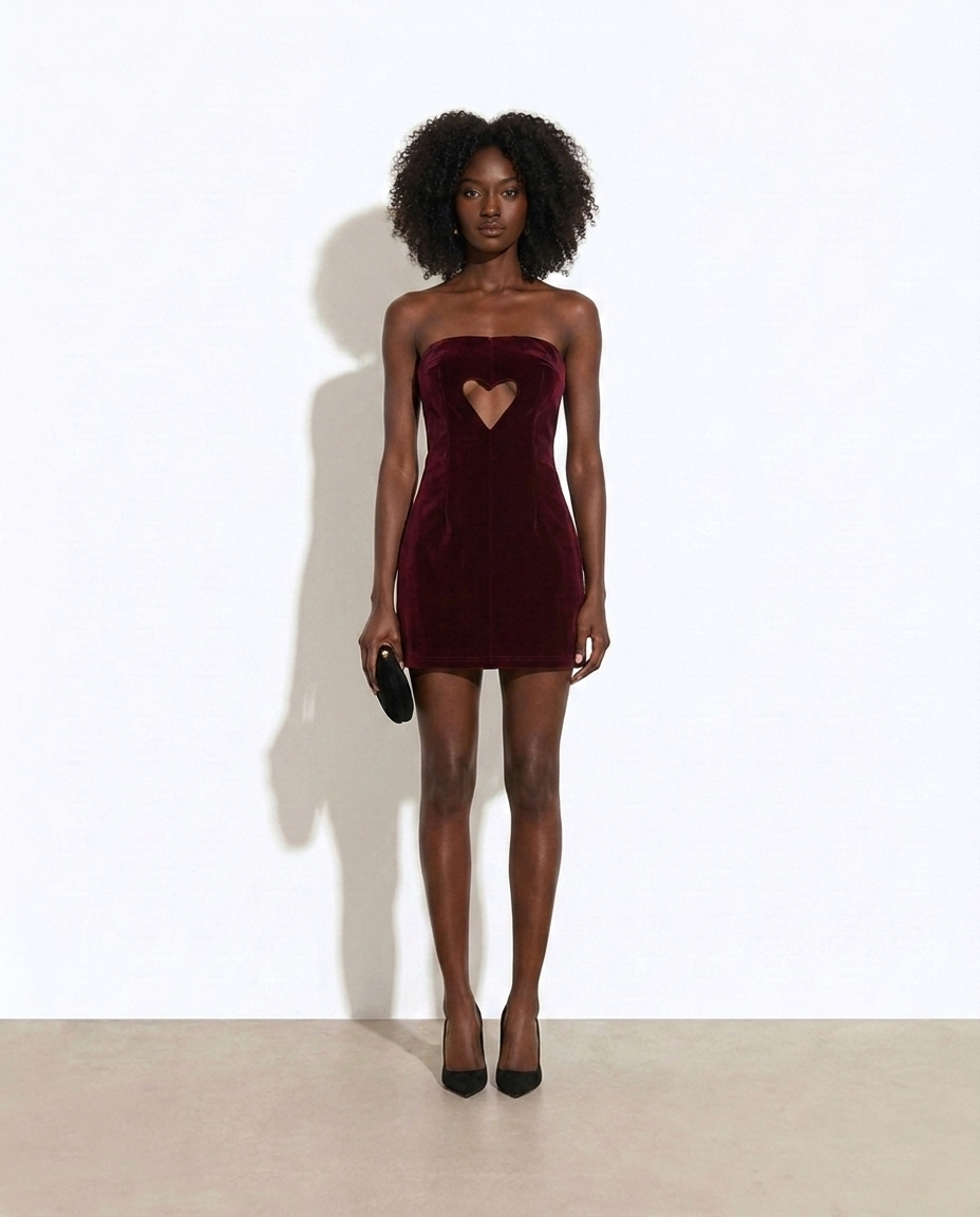 Cornelle Heart Cutout Velvet Mini Dress — studio model shot