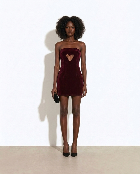 Cornelle Heart Cutout Velvet Mini Dress — studio model shot