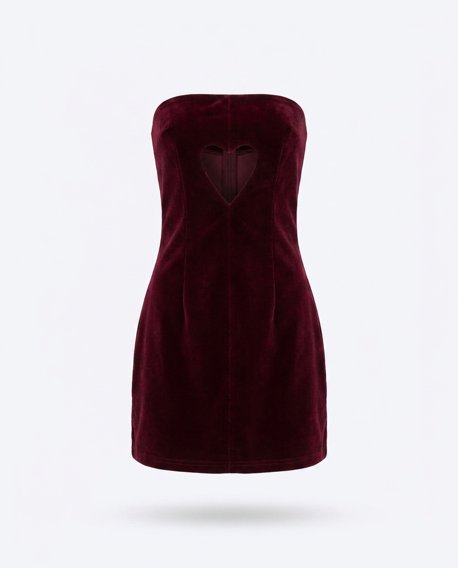 Cornelle Heart Cutout Velvet Mini Dress — 3D ghost mannequin product shot
