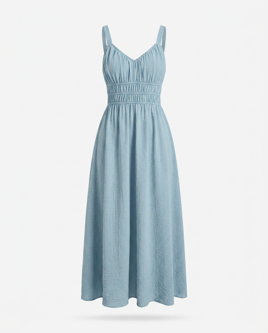 Cosette Sleeveless Smocked Midi Dress — 3D ghost mannequin product shot