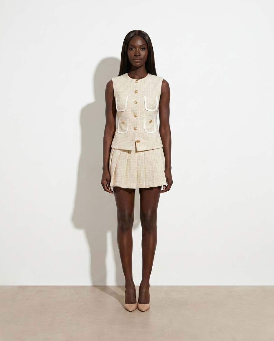Edith Tweed Vest and Pleated Skirt Set — studio model shot