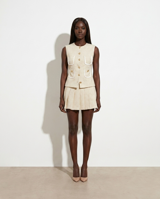 Edith Tweed Vest and Pleated Skirt Set — studio model shot