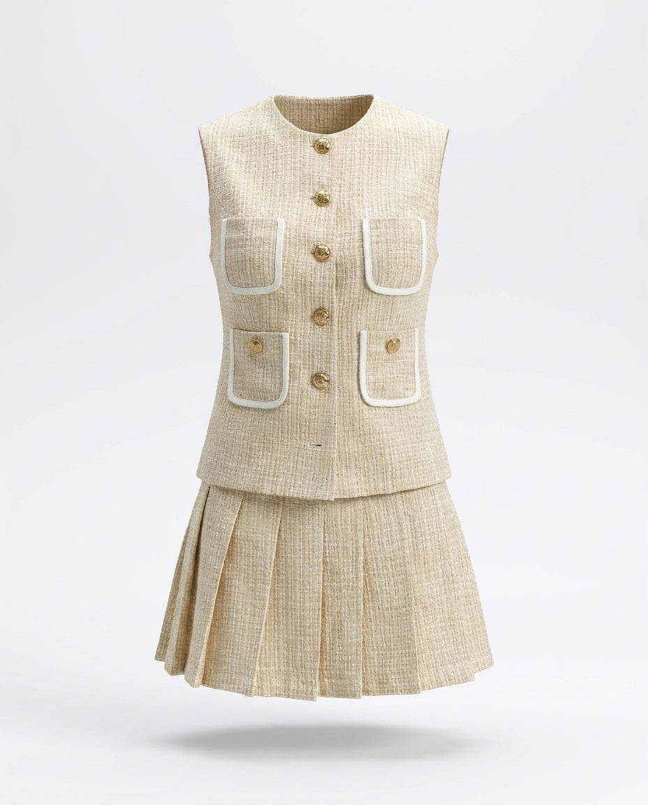 Edith Tweed Vest and Pleated Skirt Set — 3D ghost mannequin product shot