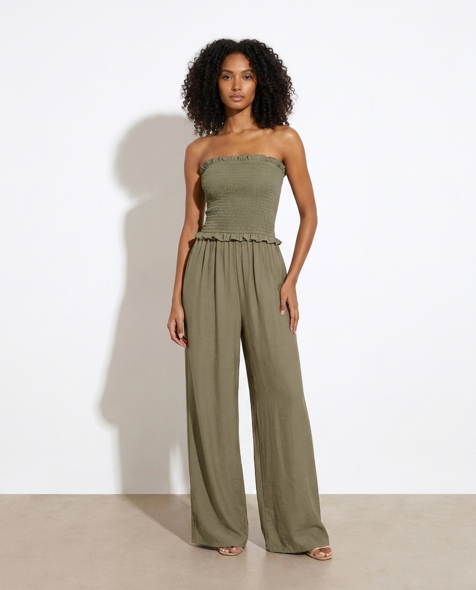 Eglantine Smocked Strapless Wide-Leg Jumpsuit — studio model shot
