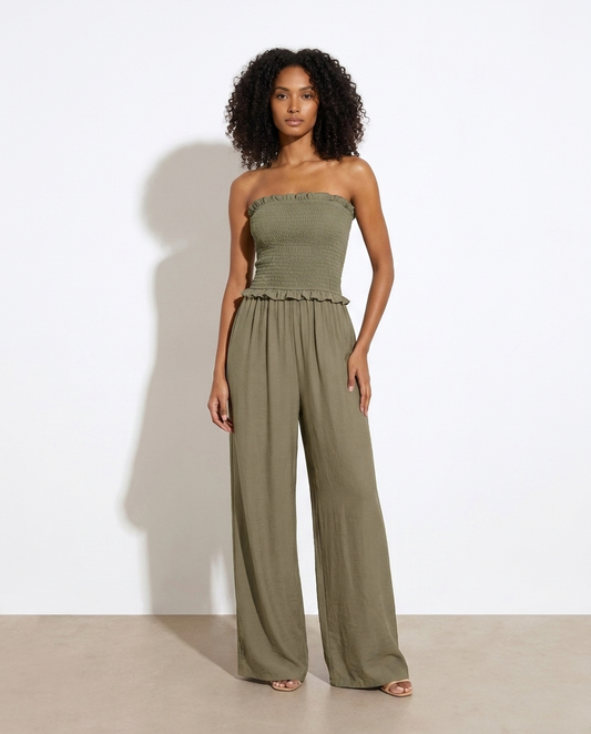 Eglantine Smocked Strapless Wide-Leg Jumpsuit — studio model shot