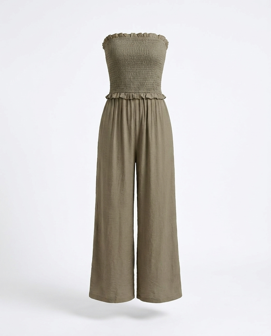 Eglantine Smocked Strapless Wide-Leg Jumpsuit — 3D ghost mannequin product shot