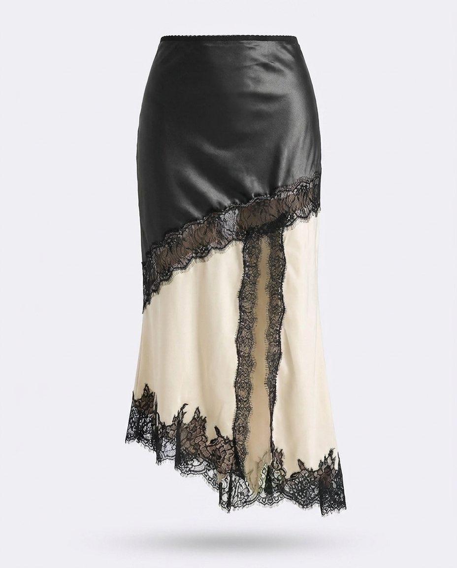 Eilís Lace Trim Asymmetrical Midi Skirt — 3D ghost mannequin product shot
