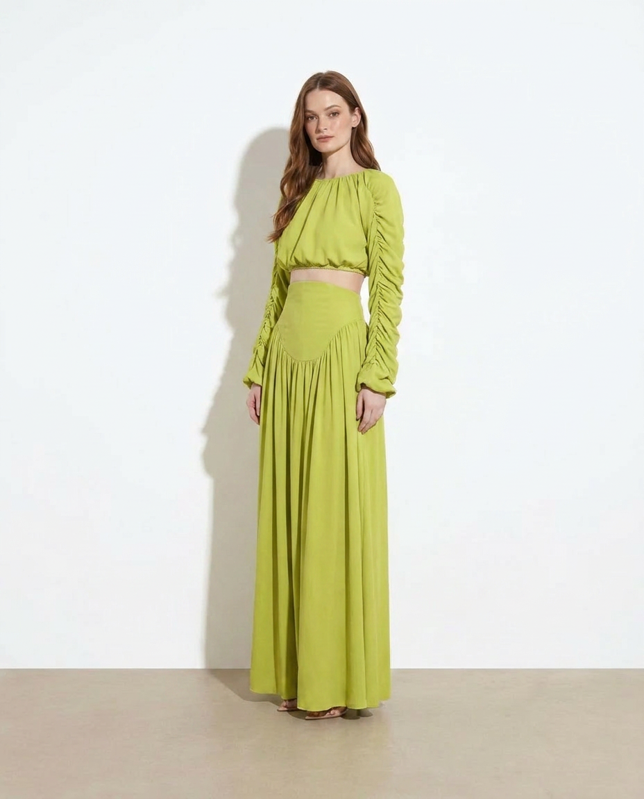 Eimear Ruched Long Sleeve Top and High Waist Skirt Set — studio model shot