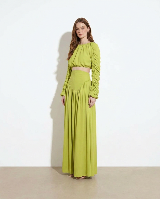 Eimear Ruched Long Sleeve Top and High Waist Skirt Set — studio model shot
