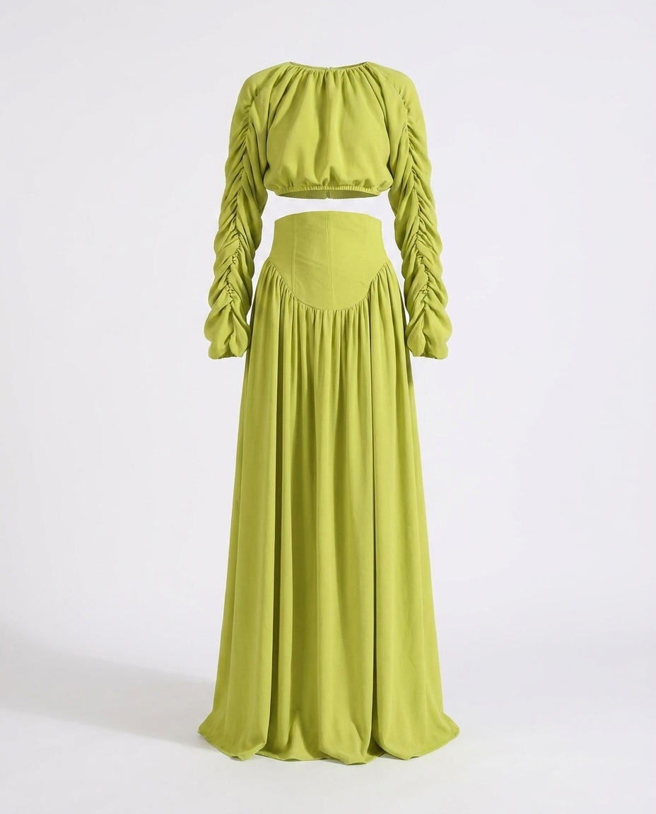 Eimear Ruched Long Sleeve Top and High Waist Skirt Set — 3D ghost mannequin product shot