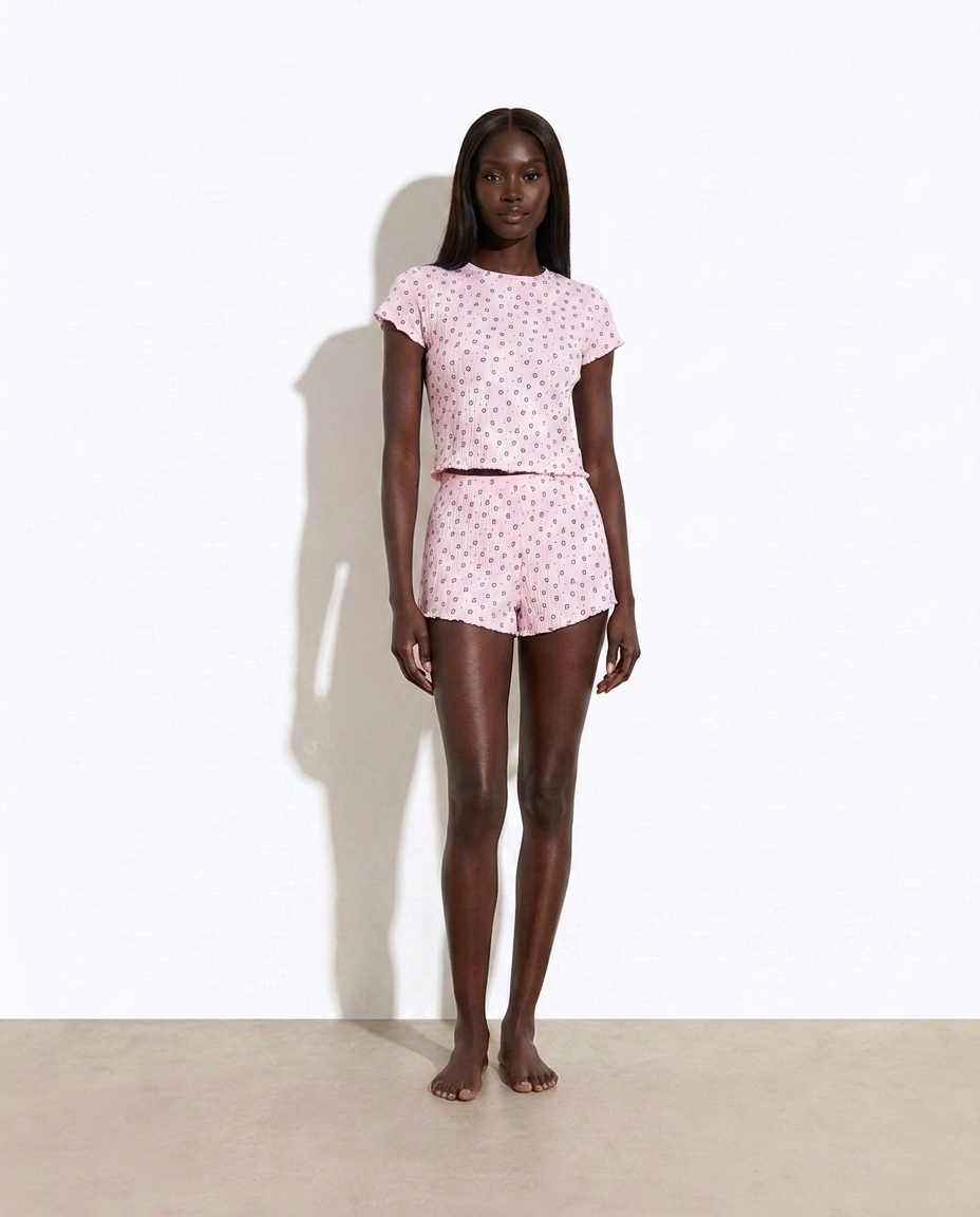 Einat Heart Print Ribbed Knit Top and Shorts Lounge Set — studio model shot