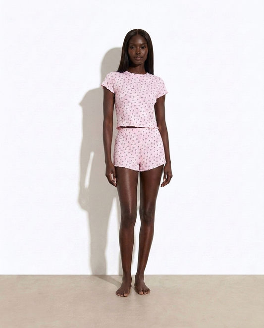 Einat Heart Print Ribbed Knit Top and Shorts Lounge Set — studio model shot