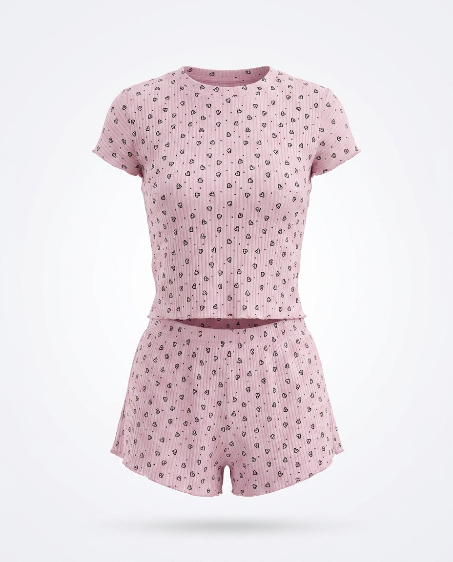 Einat Heart Print Ribbed Knit Top and Shorts Lounge Set — 3D ghost mannequin product shot