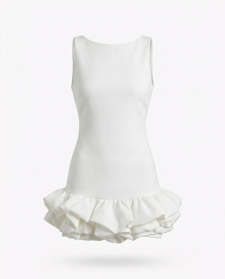 Eithne Ruffled Hem Sleeveless Mini Dress — 3D ghost mannequin product shot