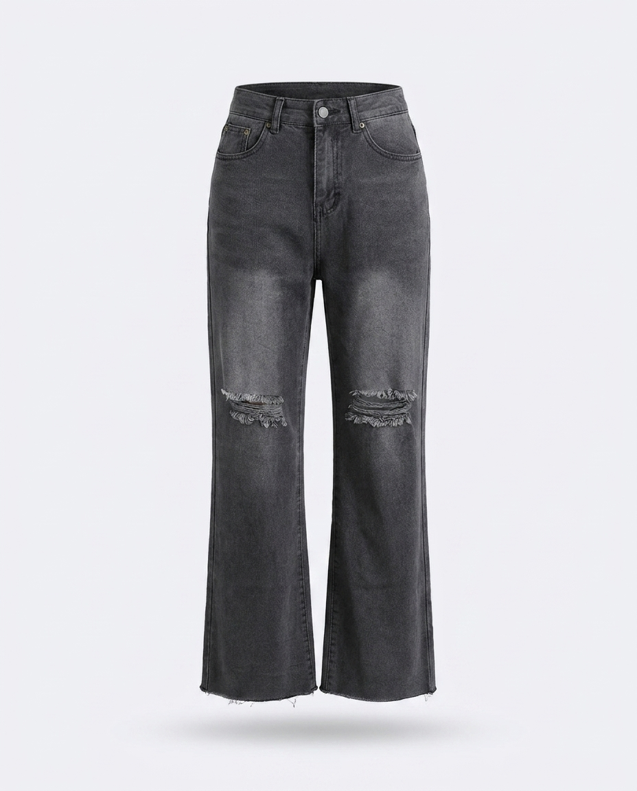 Eldrid Distressed Buttoned Loose Fit Jeans — 3D ghost mannequin product shot