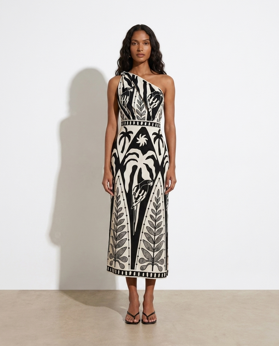 Eléonore One-Shoulder Tropical Midi Dress — studio model shot