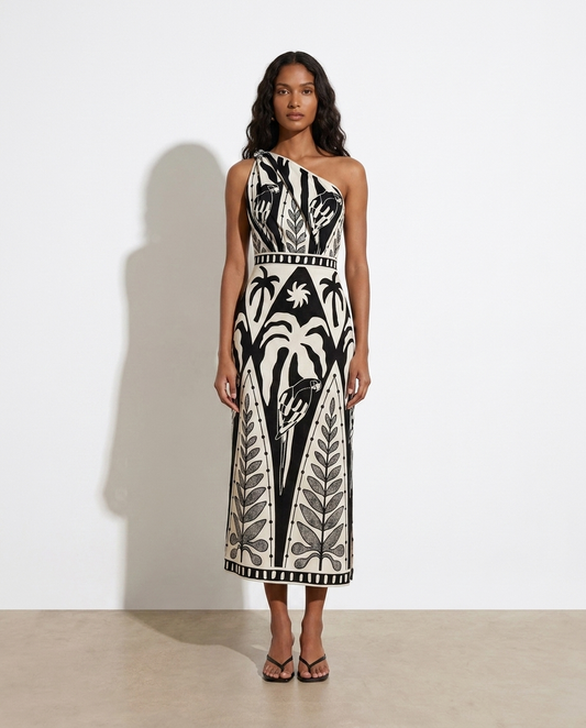 Eléonore One-Shoulder Tropical Midi Dress — studio model shot