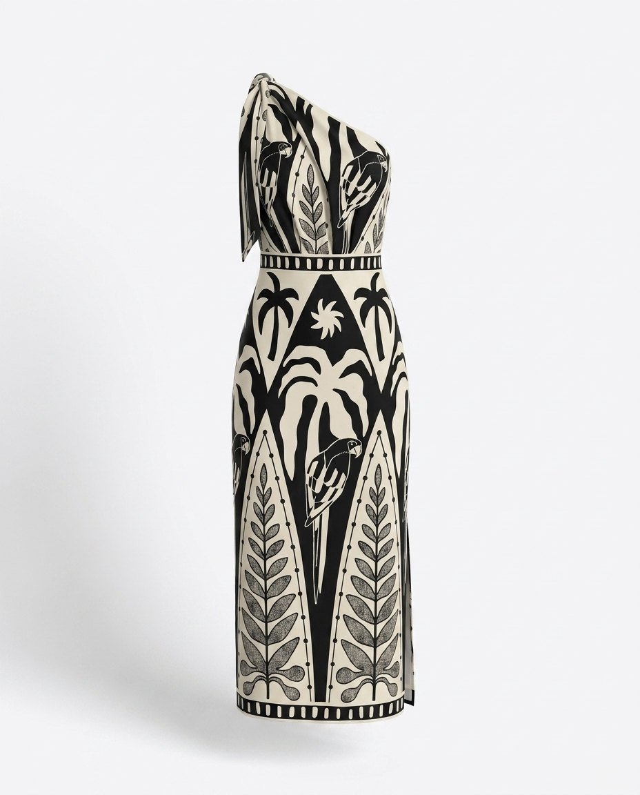 Eléonore One-Shoulder Tropical Midi Dress — 3D ghost mannequin product shot