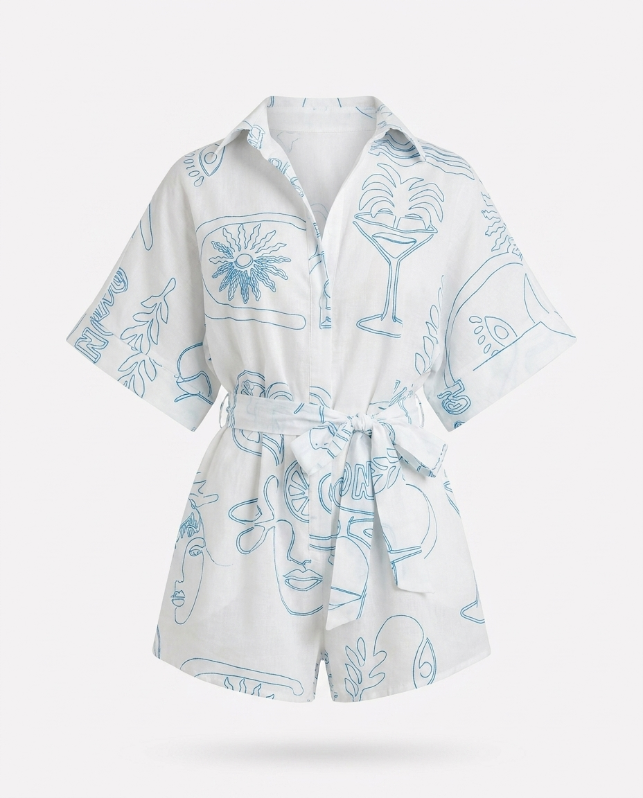 Élodie Printed Collared Half-Sleeve Romper — 3D ghost mannequin product shot