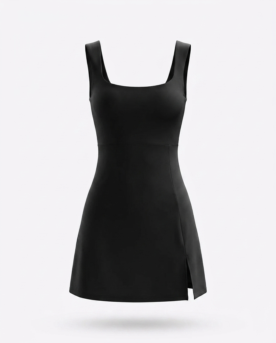 Emer Square Neck Sleeveless Slit Mini Active Dress — 3D ghost mannequin product shot