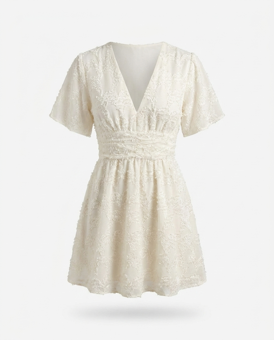 Emmeline Textured V-Neck Mini Dress — 3D ghost mannequin product shot
