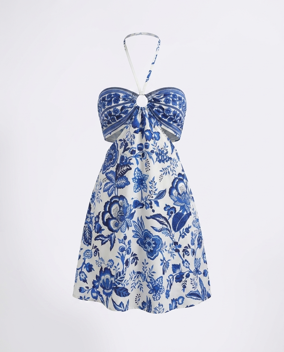 Esme Floral Halter Cutout Mini Dress — 3D ghost mannequin product shot