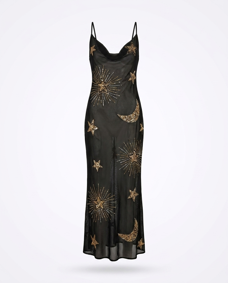 Esmeralda Sequin Backless Maxi Cover-Up Dress — 3D ghost mannequin product shot