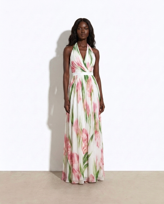 Estelle Floral Halter Maxi Dress — studio model shot