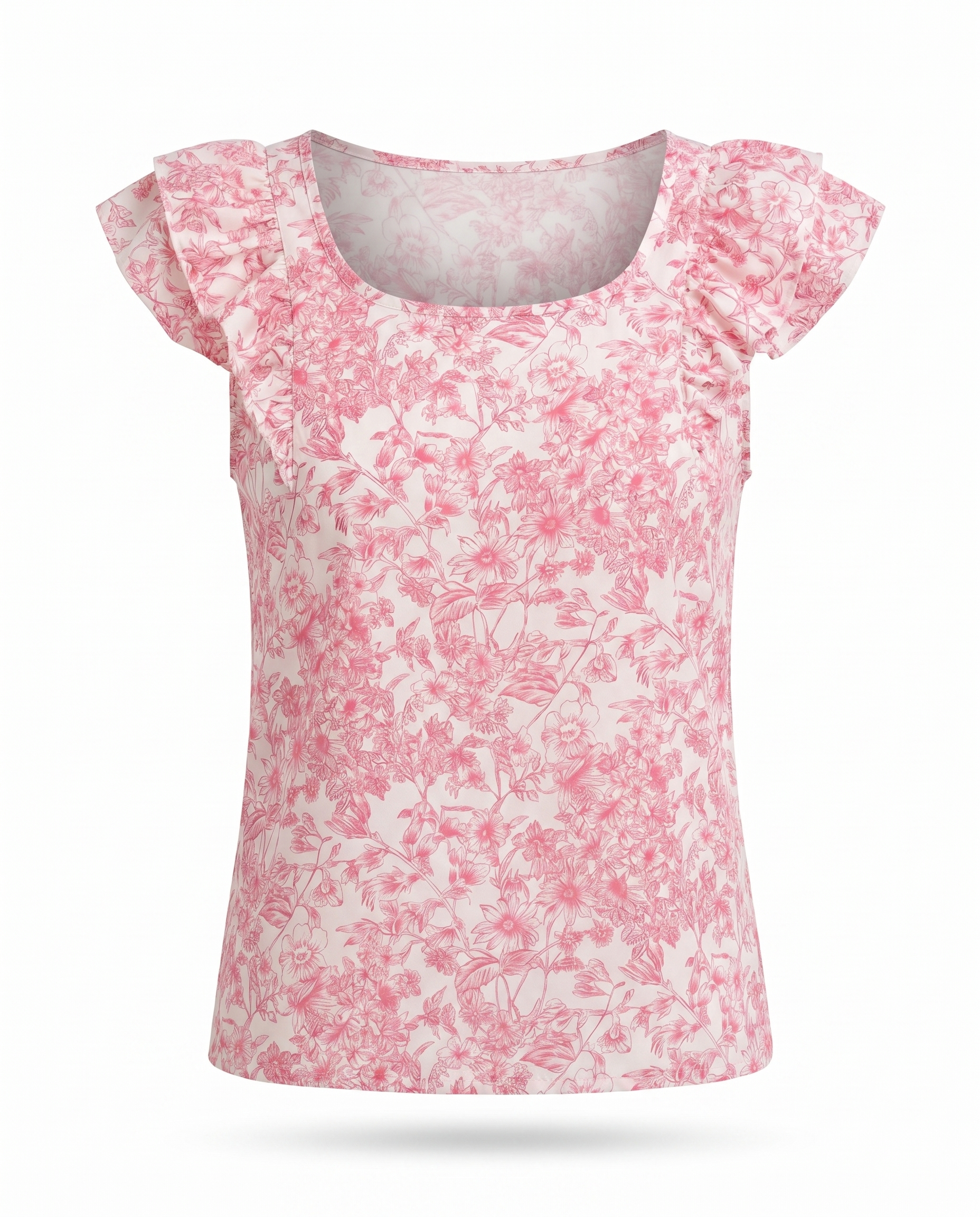 Fleur Floral Ruffle-Sleeve Blouse — 3D ghost mannequin product shot