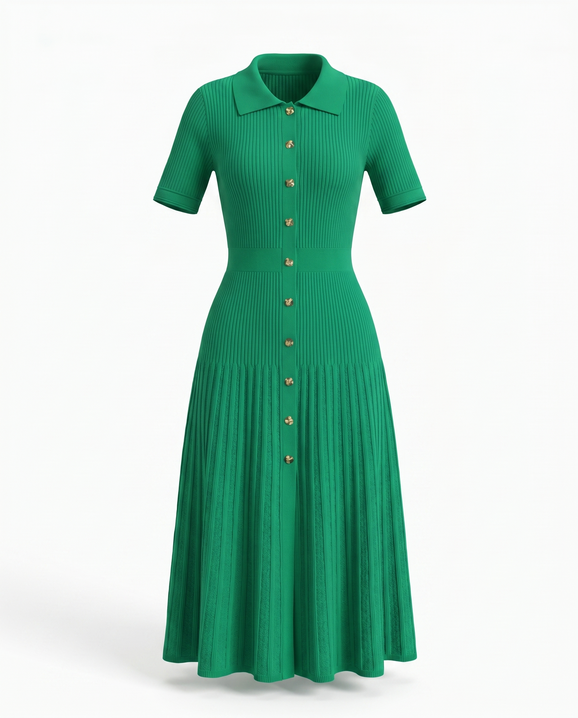 Galya Button Front Short Sleeve Knit Dress — 3D ghost mannequin product shot