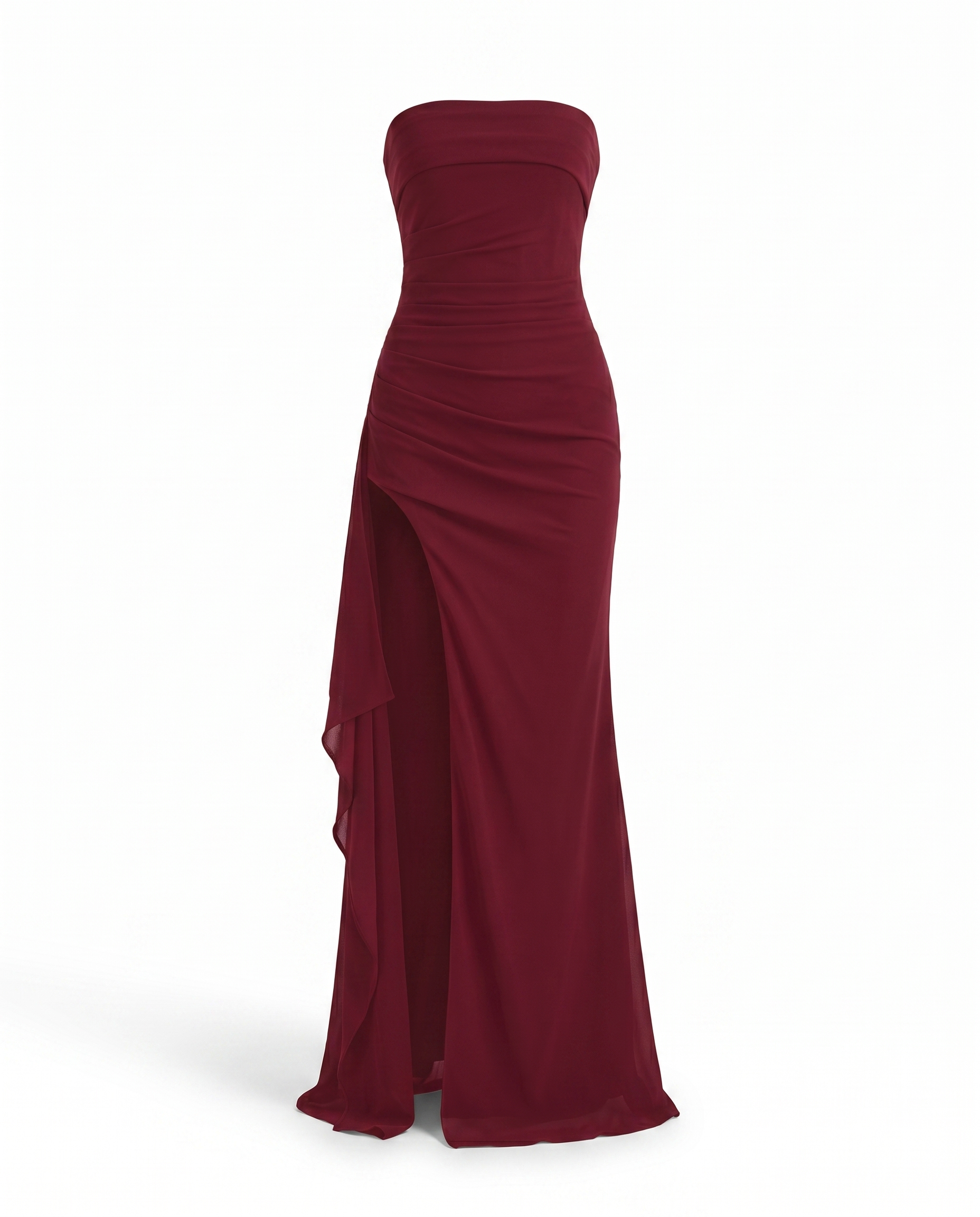 Geneva Strapless Ruched High Slit Maxi Dress — 3D ghost mannequin product shot
