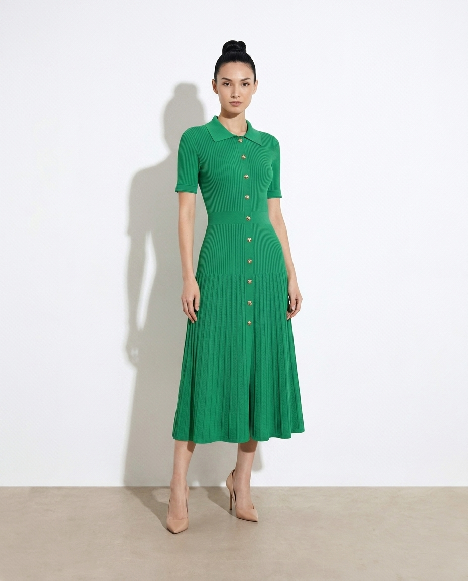 Galya Button Front Short Sleeve Knit Dress — studio model shot
