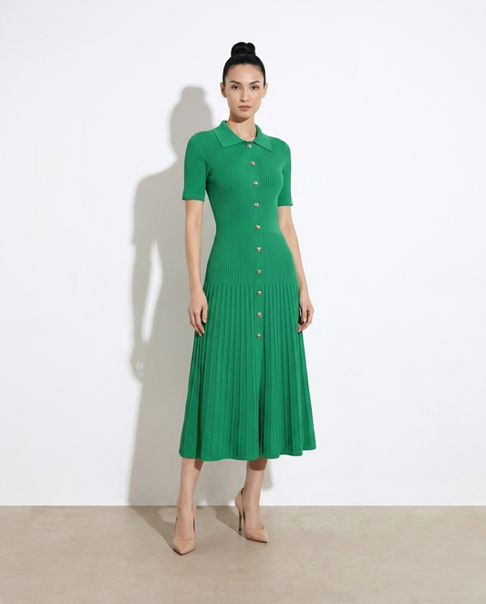 Galya Button Front Short Sleeve Knit Dress — studio model shot