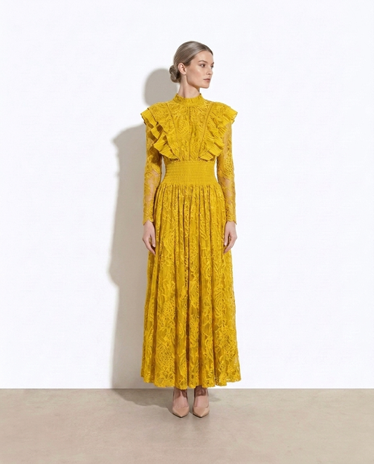 Gisela Ruffled Mock Neck Lace Maxi Dress on model
