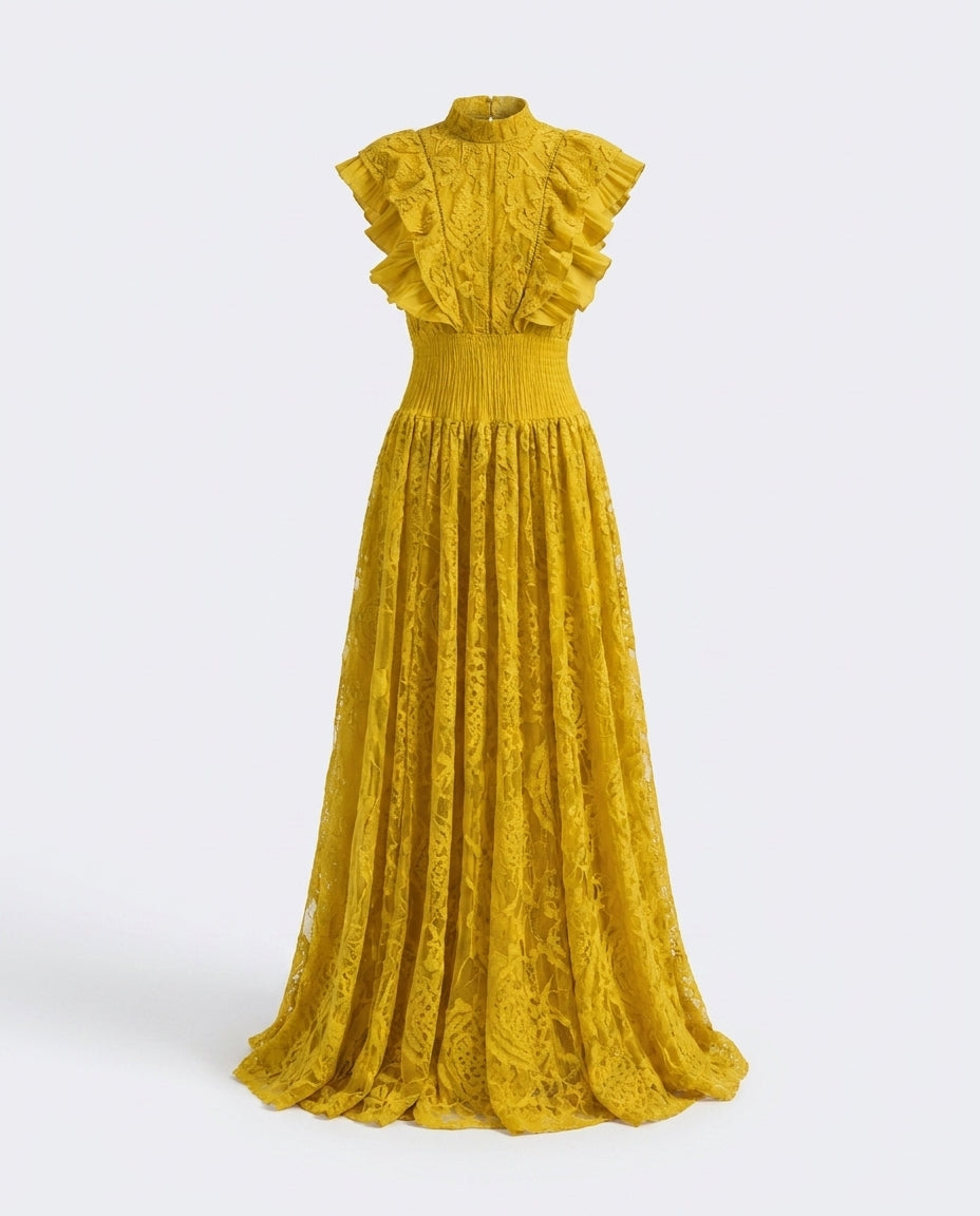 Gisela Ruffled Mock Neck Lace Maxi Dress product