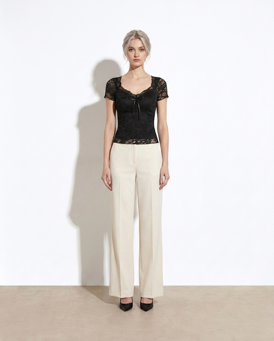 Giselle Lace Bow Slim-Fit Top on model