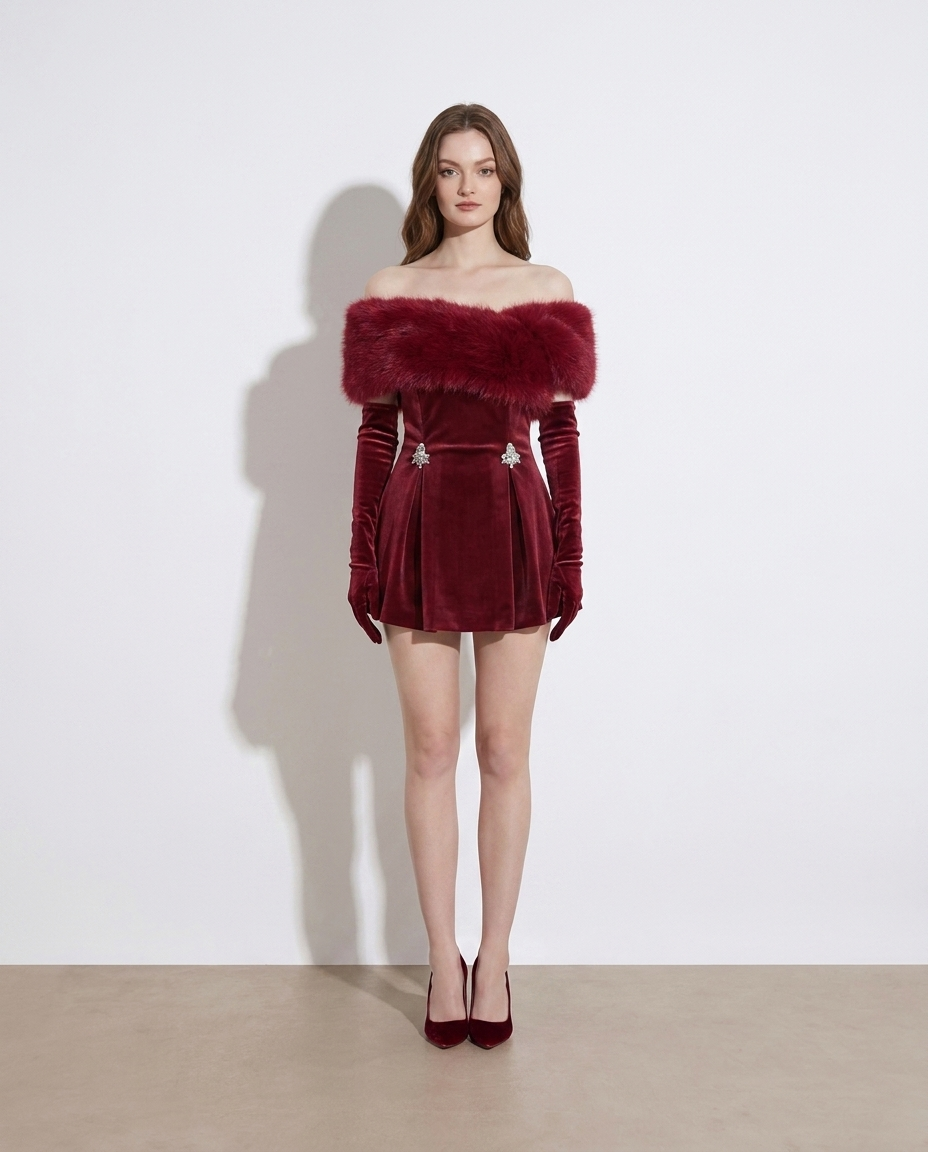 Gobnait fuzzy off-shoulder mini — studio model