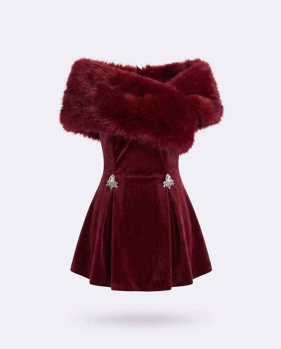 Gobnait fuzzy off-shoulder mini — ghost mannequin