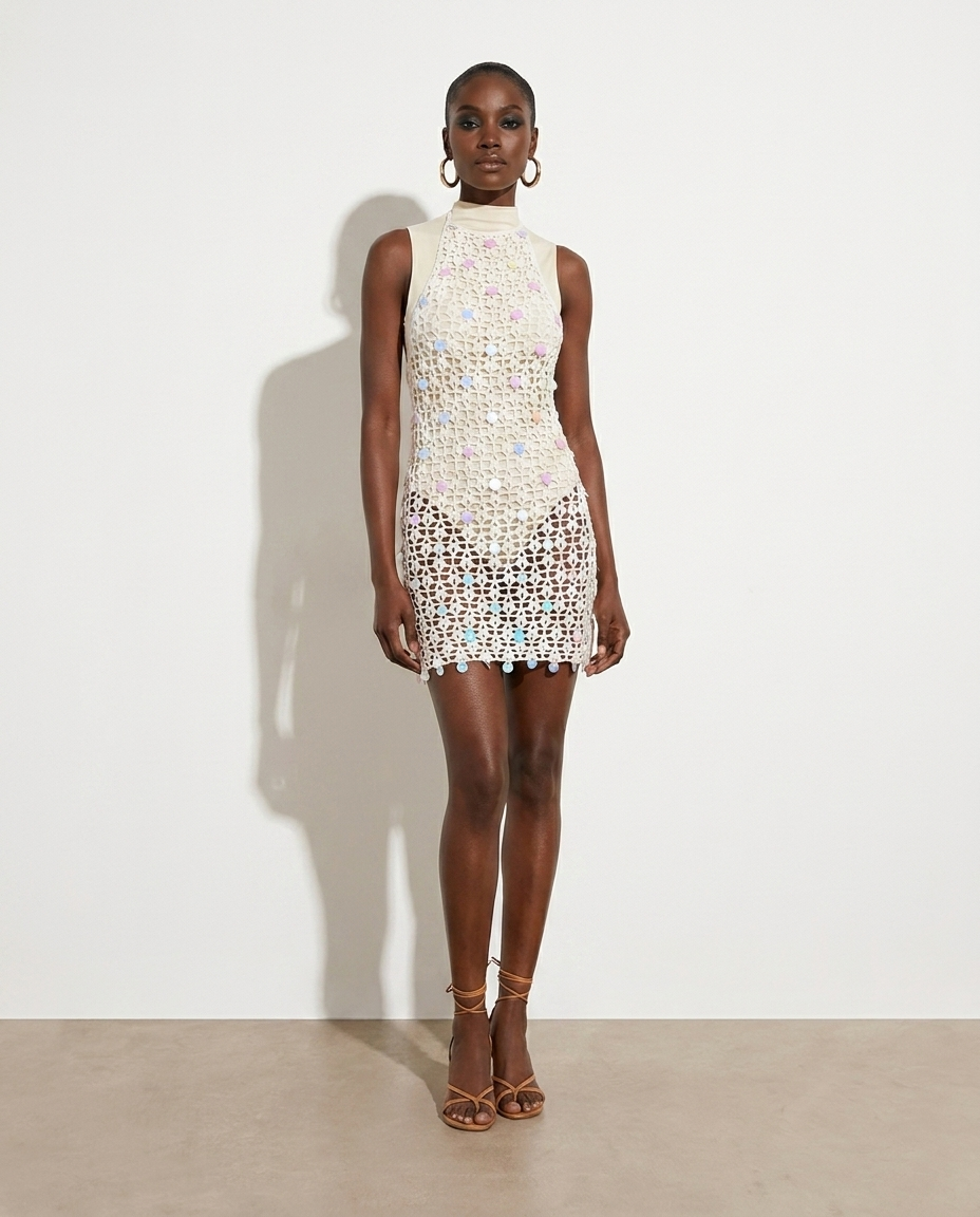Golbarg crochet sequin cover-up — studio model