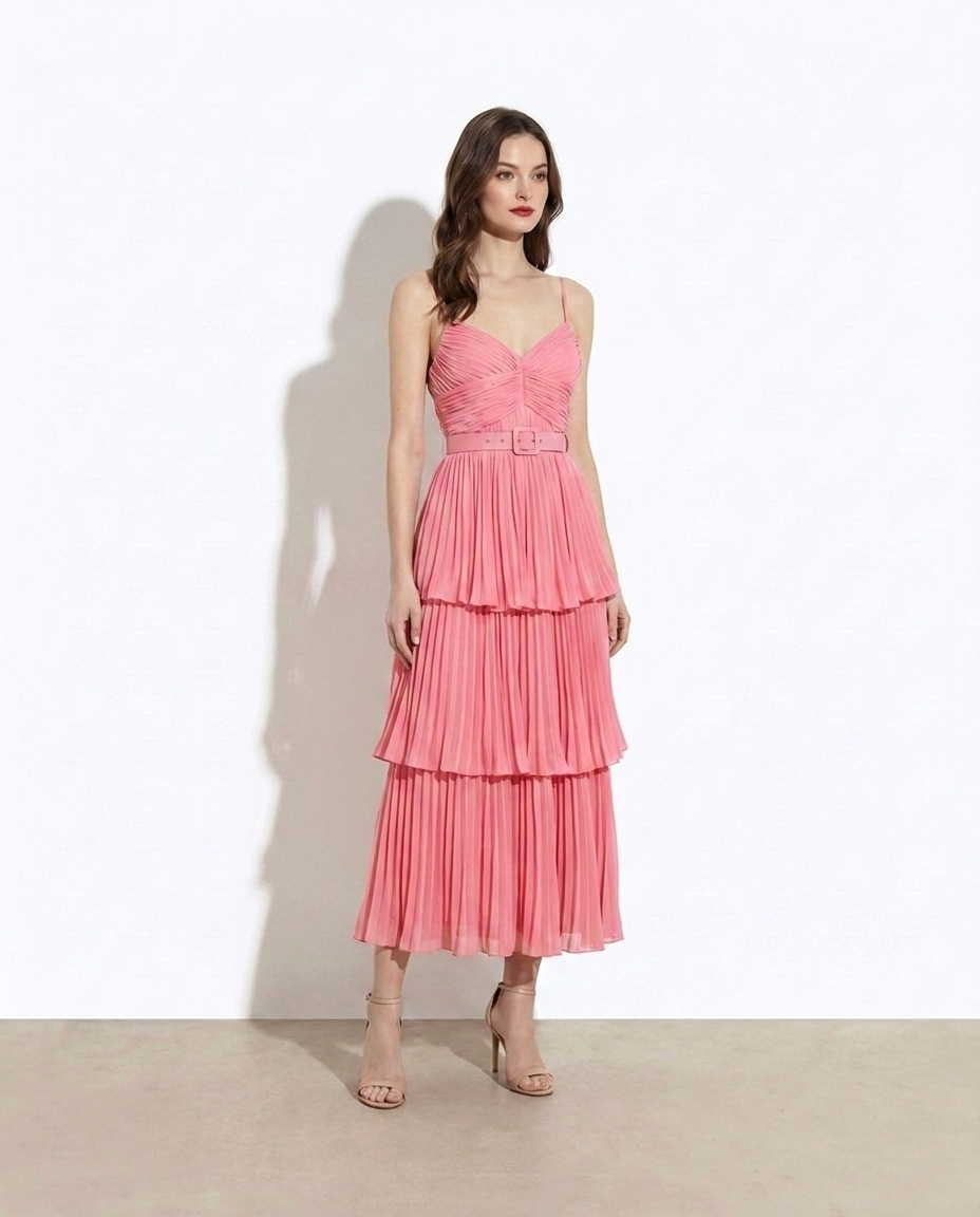 Hadas Pleated Layered Spaghetti Strap Midi Dress on model